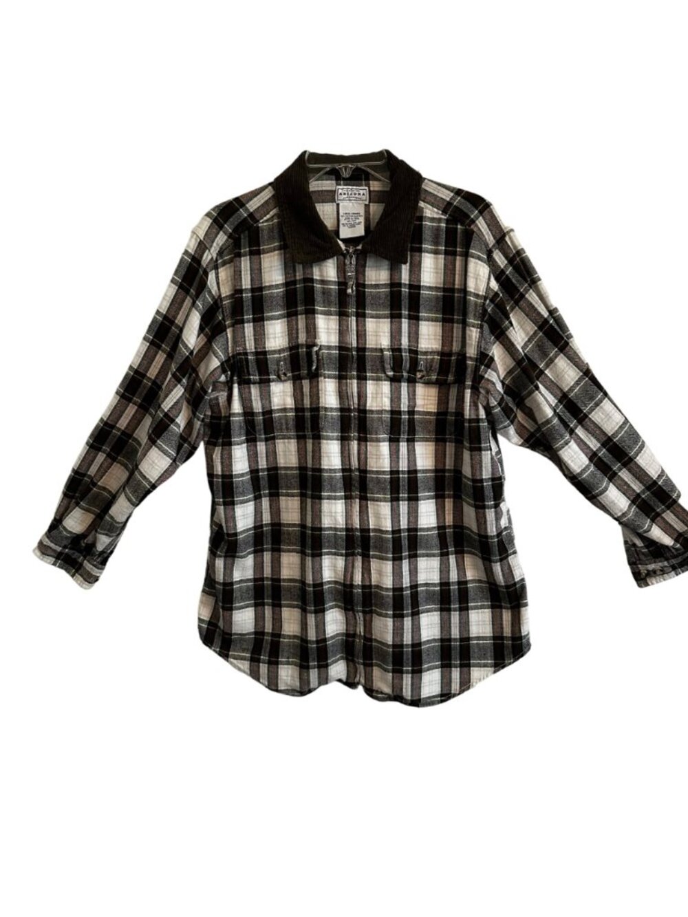 Arizona Plaid Flannel Shacket w/Corduroy Collar Zip Front White/Green/Red/Black - Picture 2 of 11